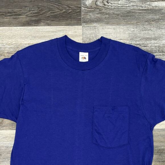 Vintage 80s Fruit Of The Loom Indigo Mens M Single Stitch Blank Plain Pocket Tee - Picture 1 of 8